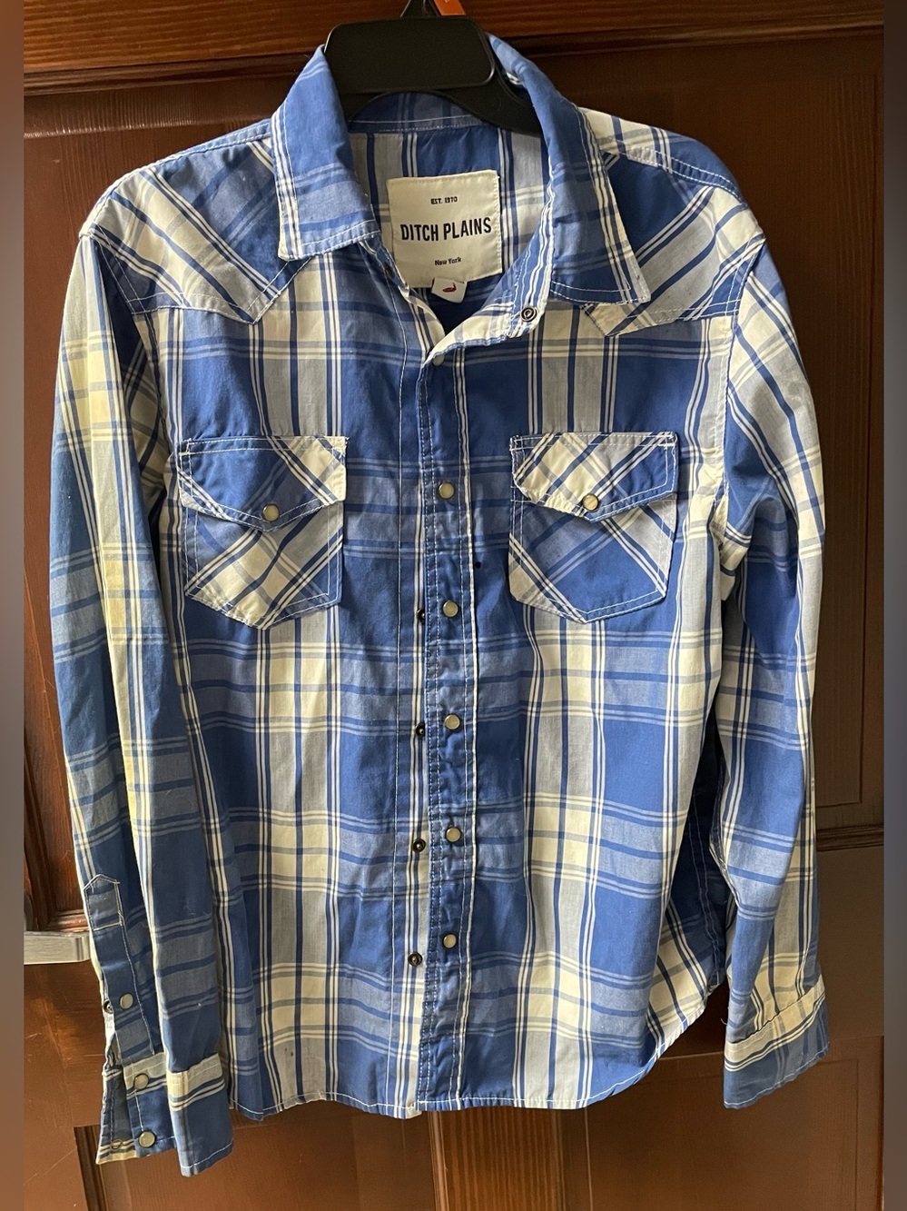 Ditch Plains Men’s Blue Plaid Button-Down Shirt Pearl Snaps Size L